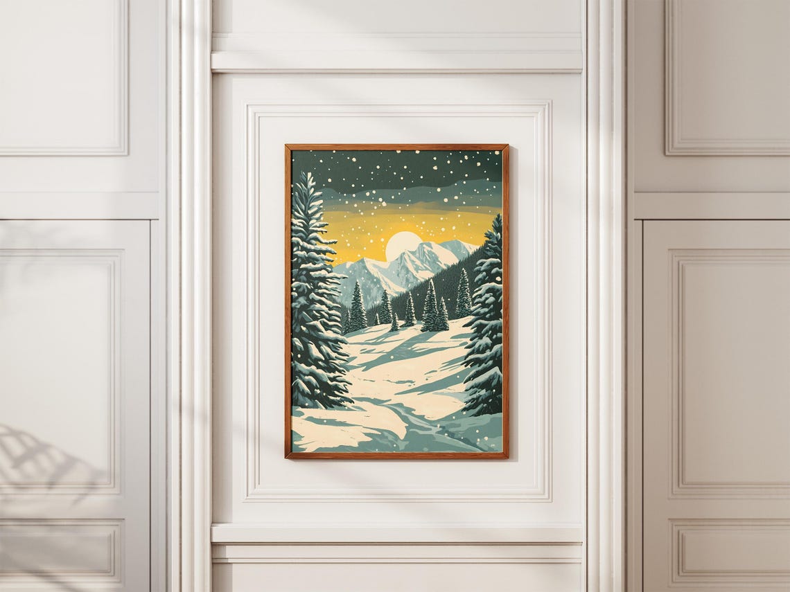 Golden Sun Over a Snowy Pine Valley with Light Falling Snow Poster - Image 2
