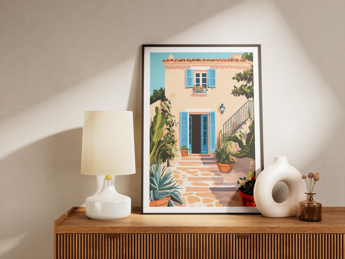 Sunny Mediterranean Villa with Blue Shutters Travel Art Poster - Image 4