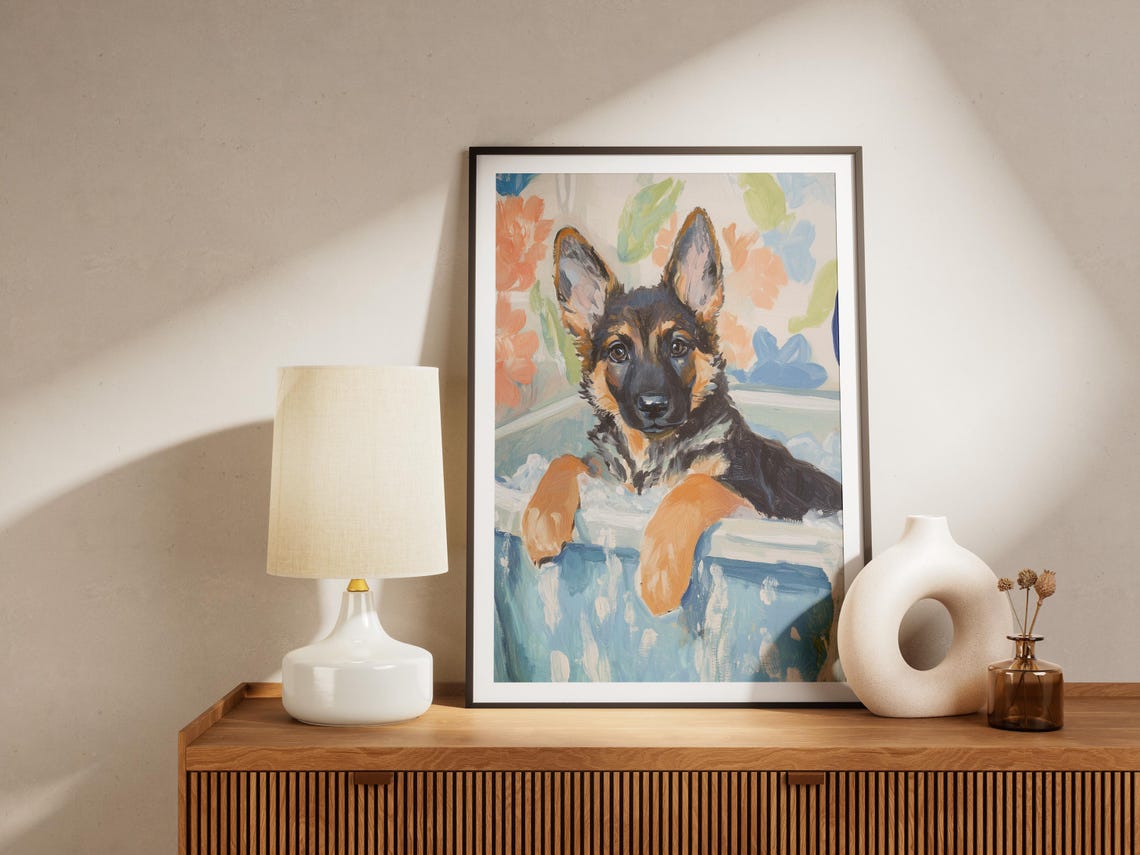 German Shepherd Puppy Bubble Bath Floral Painterly Art Poster - Image 4