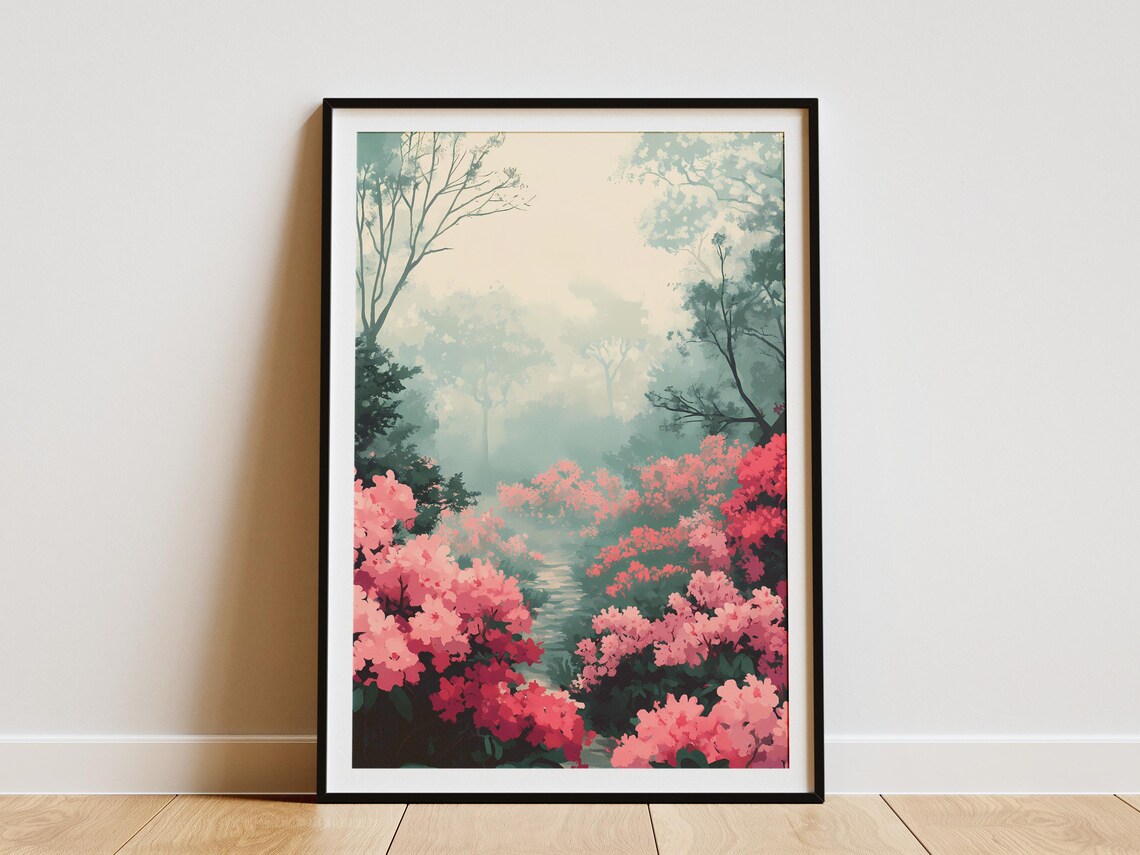 Blooming Pink Azaleas Along a Misty Forest Path Poster in Spring