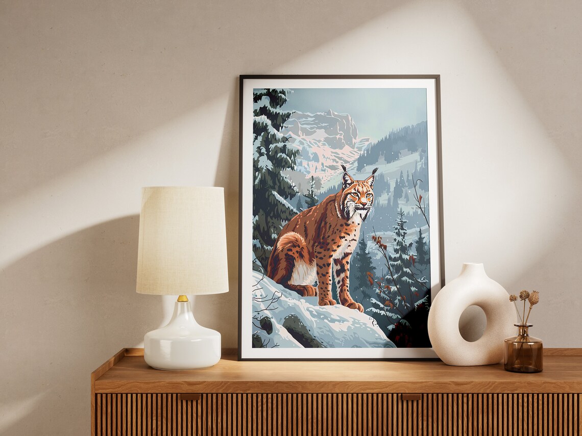 Lynx Winter Mountain Forest Snowy Pines Wildlife Nature Poster - Image 2
