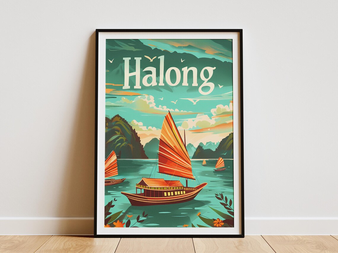 Halong Bay Vietnam Red Sail Junk Boat Vintage Travel Art Poster