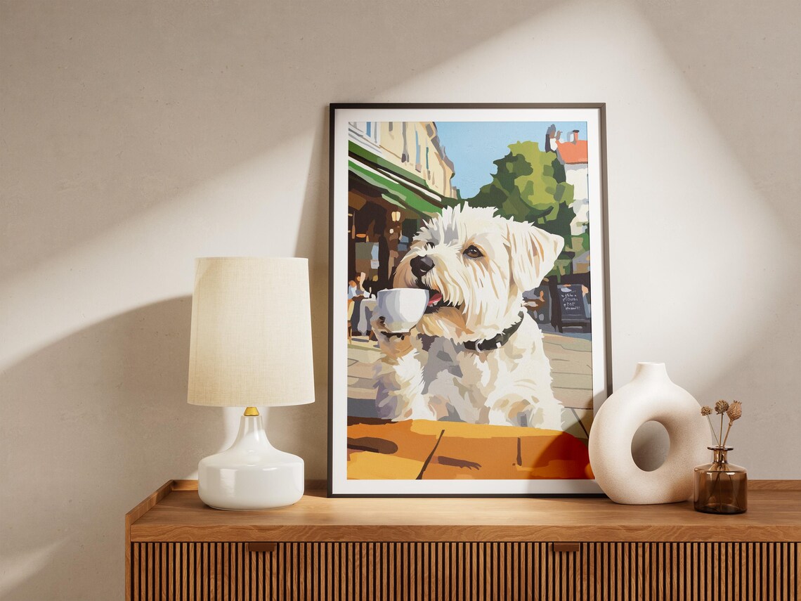 West Highland Terrier With Coffee At A Sunny Cafe Terrace Poster - Image 4