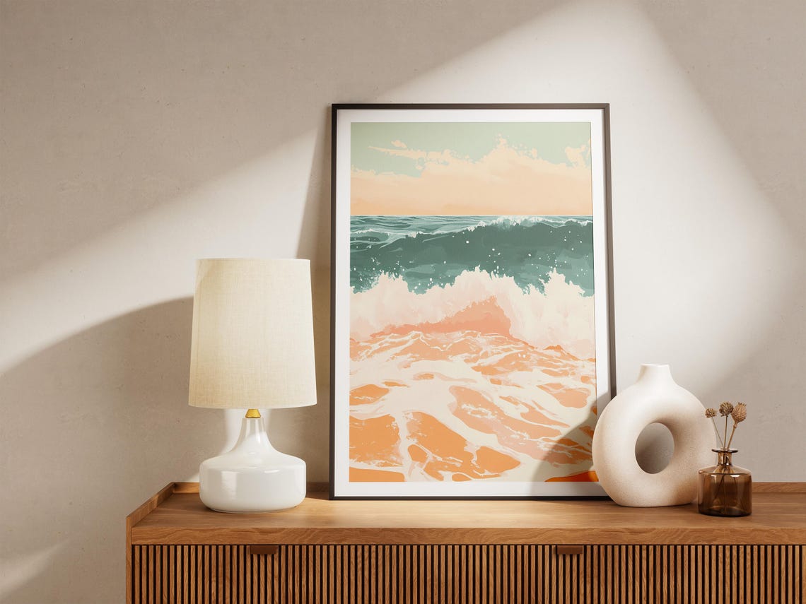 Abstract Teal Ocean Wave With Peach and Cream Seafoam Pattern Poster - Image 5