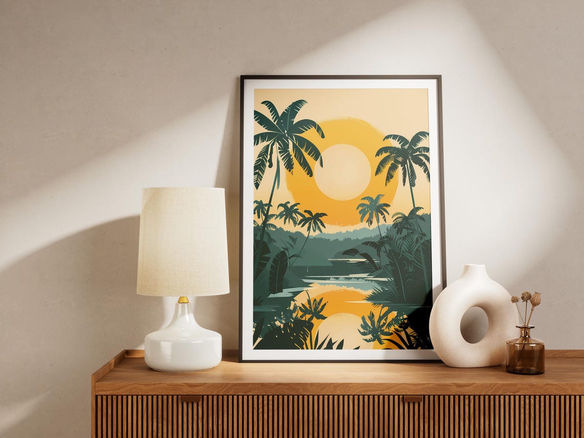 Tropical Palm Trees Golden Sunset River Minimalist Nature Poster - Image 2