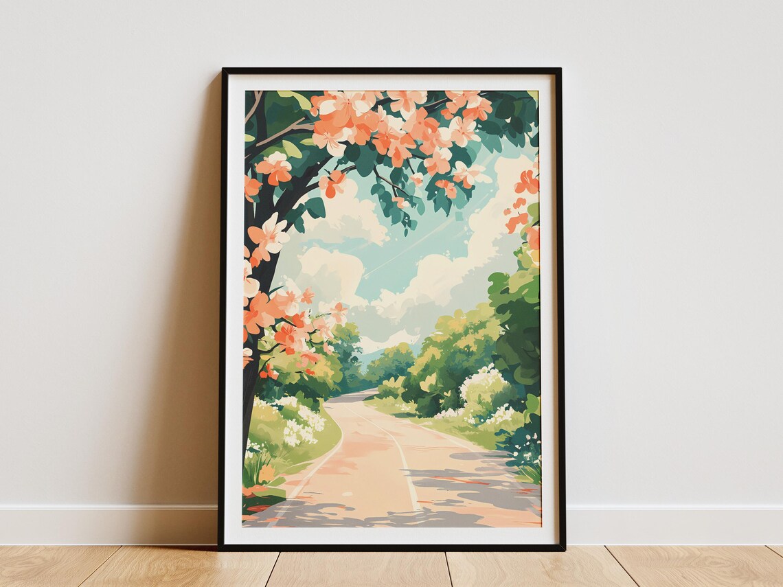 Blossom Covered Lane Winding Through Bright Spring Country Poster