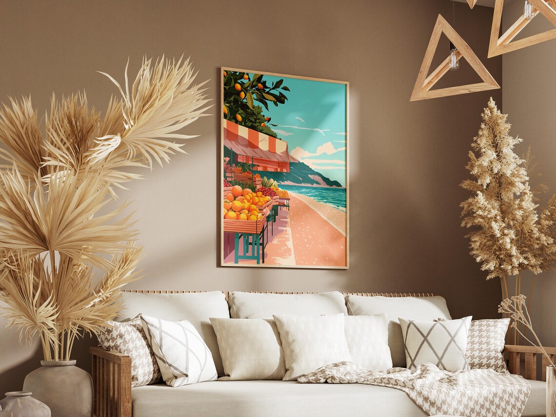 Seaside Fruit Market Oranges Beach Town Summer Illustration Poster - Image 3
