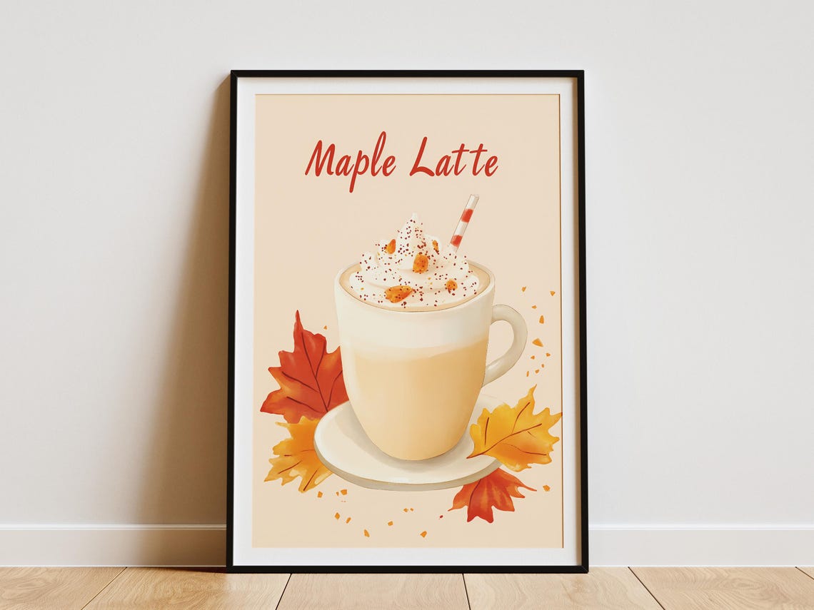 Autumn Maple Latte Fall Whipped Cream Cozy Cafe Illustration Poster