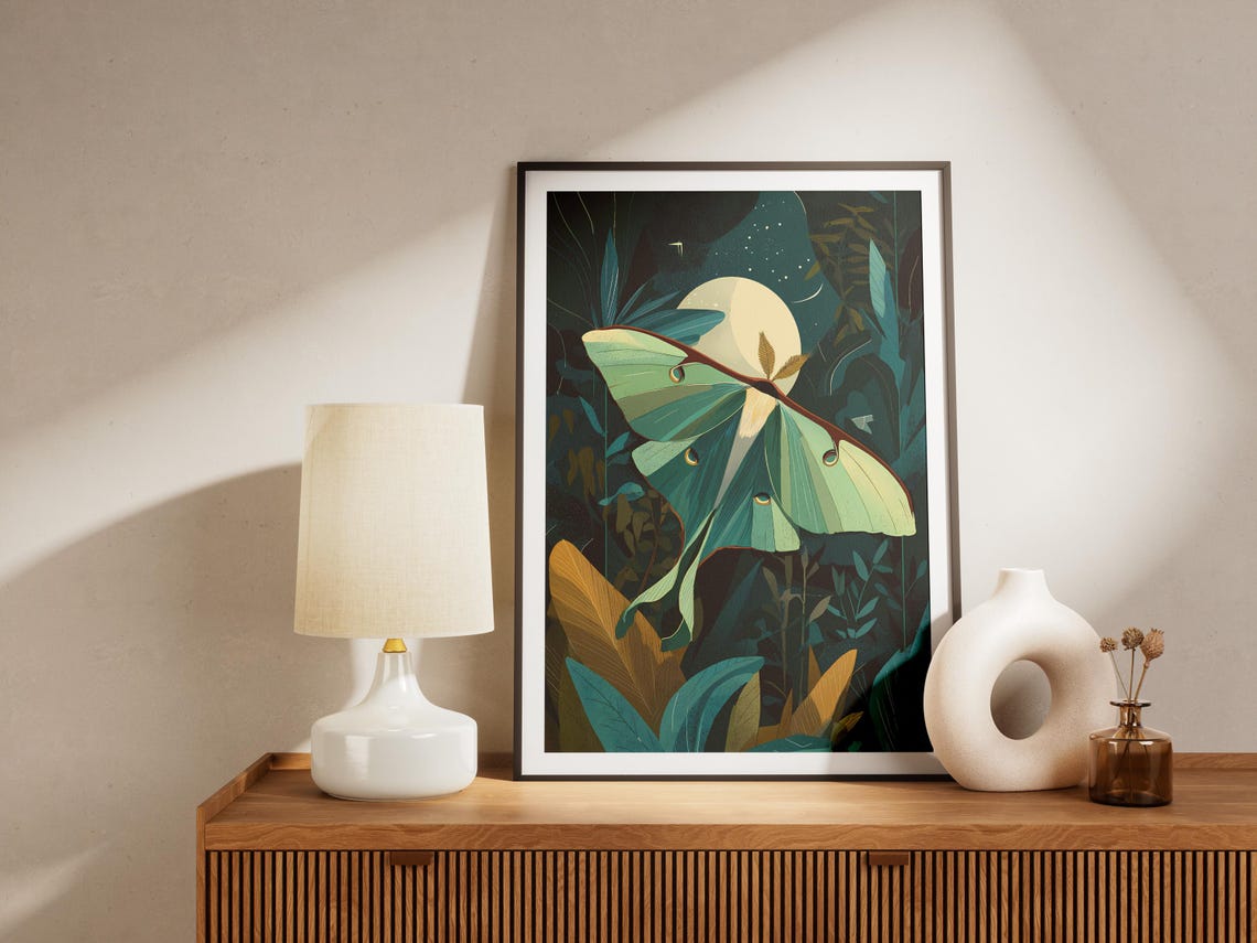 Luna Moth in Dark Jungle Moonlight Tropical Night Insect Art Poster - Image 4
