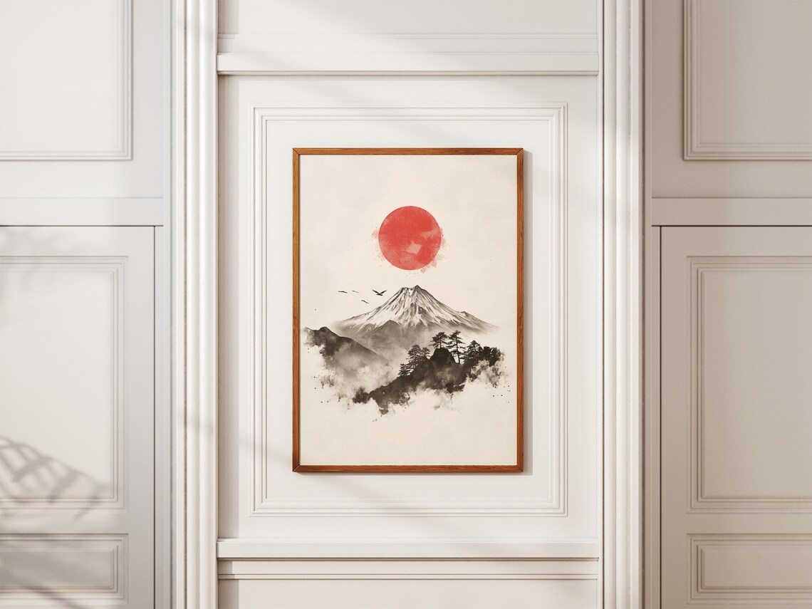 Japanese Mountain Ink Wash Painting Red Sun Asian Scene Poster - Image 2