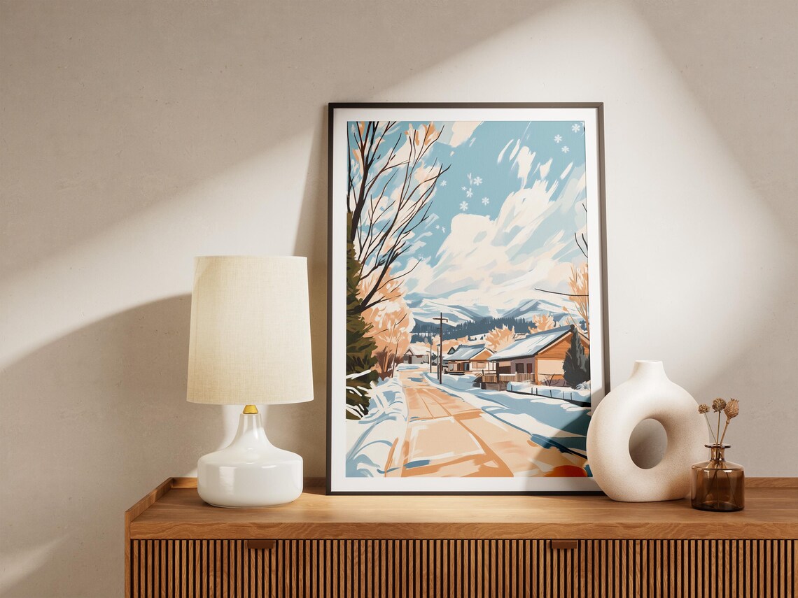 Snowy Village Street With Warm Wooden Cabins Winter Holiday Poster - Image 5