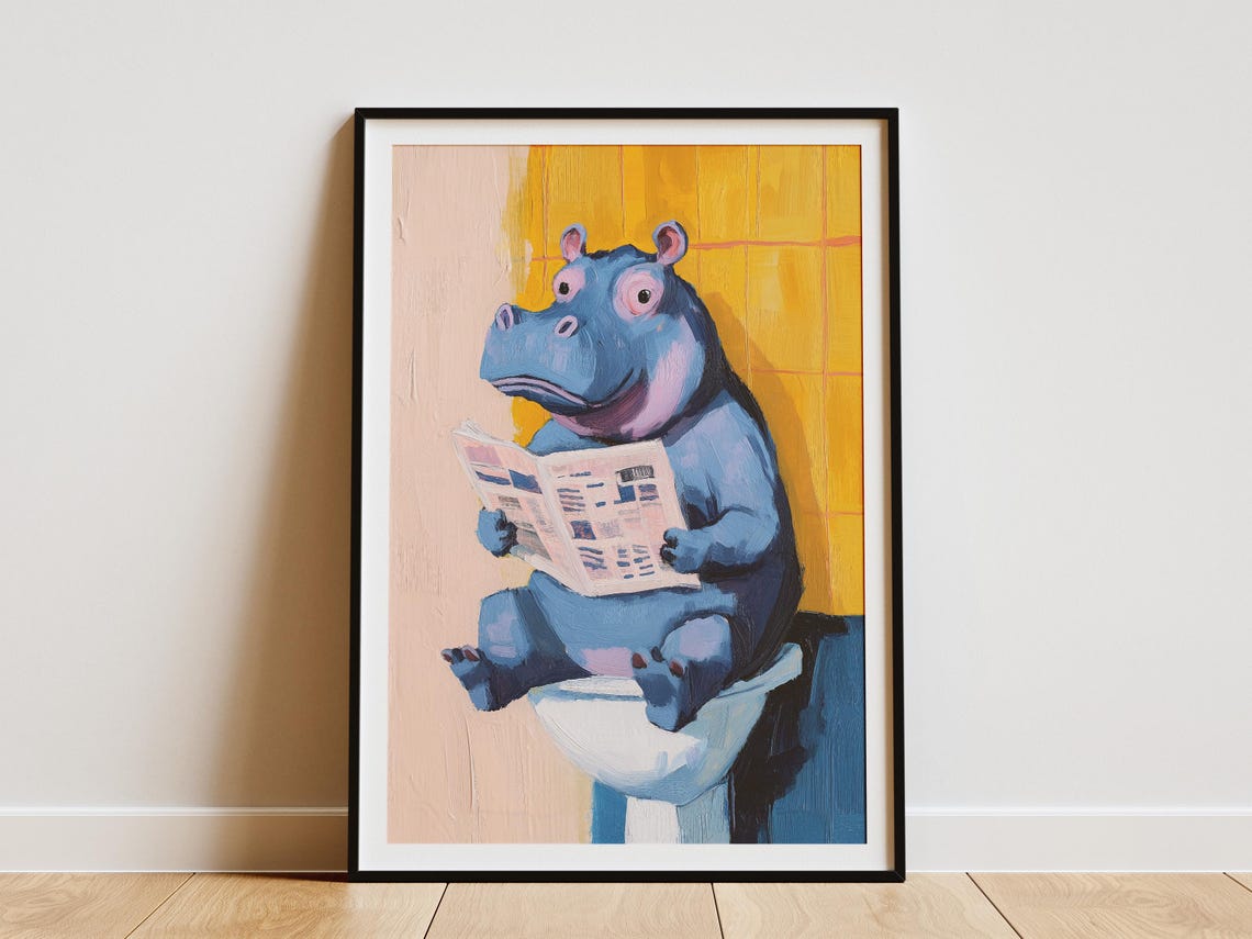 Funny Blue Hippo Reading Newspaper On The Toilet Bathroom Poster