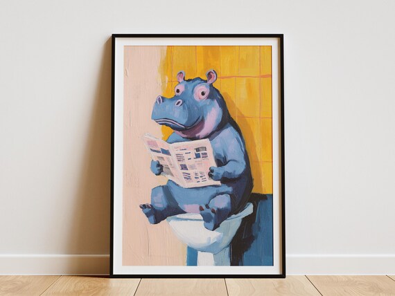 Funny Blue Hippo Reading Newspaper On The Toilet Bathroom Poster