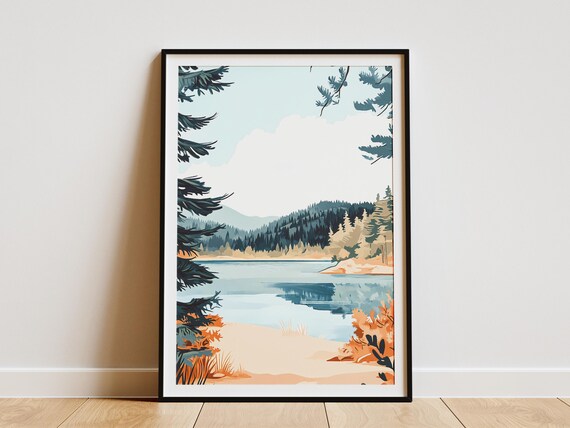 Lake House Pine Trees Poster Calm Nature Art Print Peaceful Lake Landscape Wall Decor Modern Home Decor Lake Cabin Decor