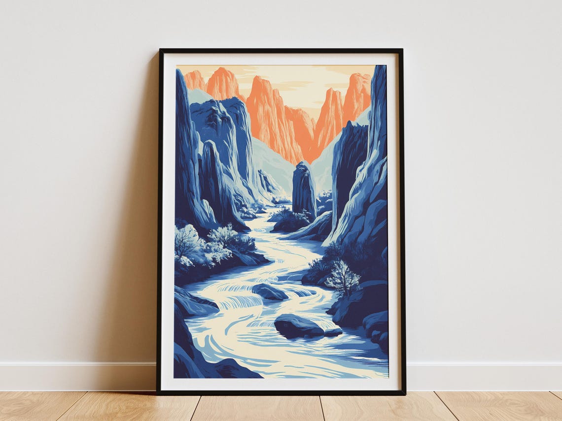Canyon River Poster Blue River Landscape Print Nature Wall Art Modern Home Decor Blue And Orange Minimalist Artwork Abstract Mountain Scene