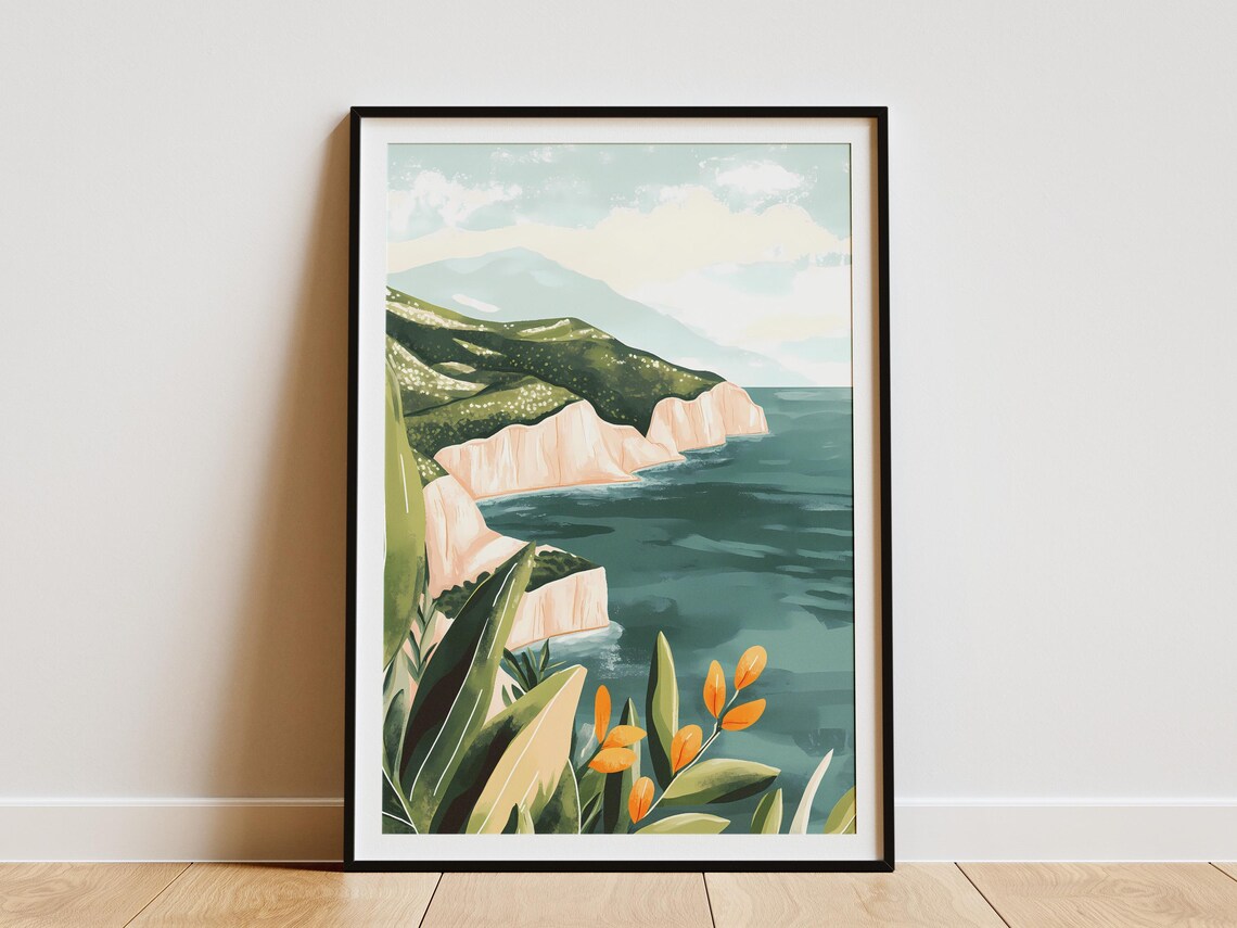 Green Coastal Island With White Cliffs And Ocean Seascape Poster