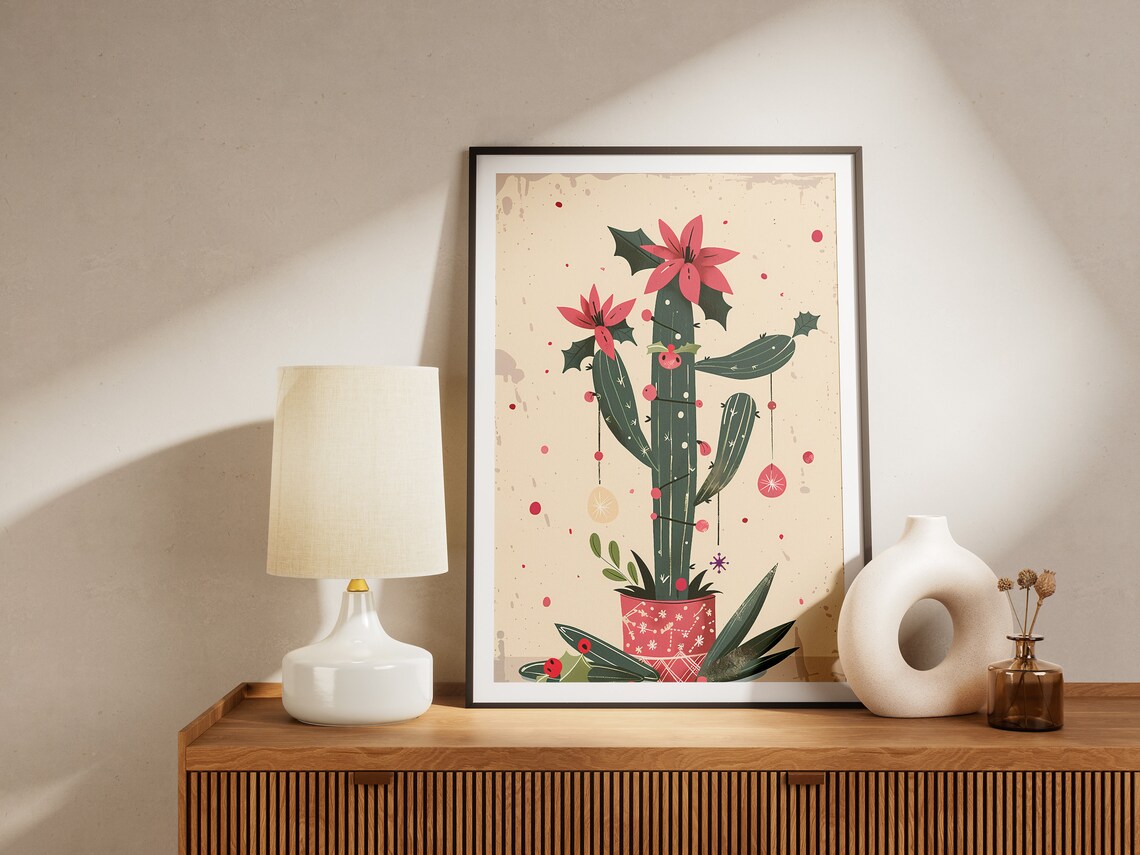 Christmas Cactus Decorated Holiday Tree Festive Botanical Poster - Image 2