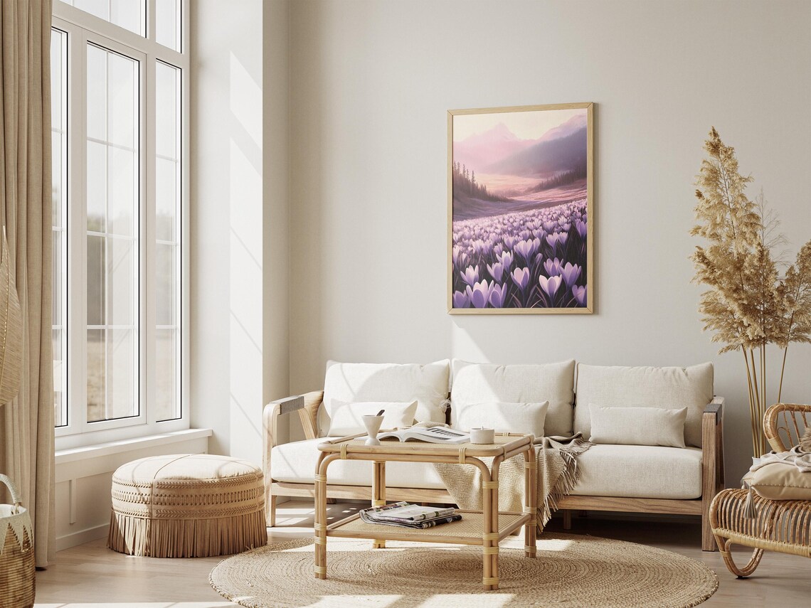 Endless Purple Crocus Valley Under Misty Morning Mountains Poster - Image 4
