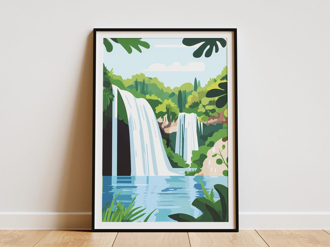 Plitvice Lakes Croatia Twin Waterfalls Lush Green Forest Travel Poster