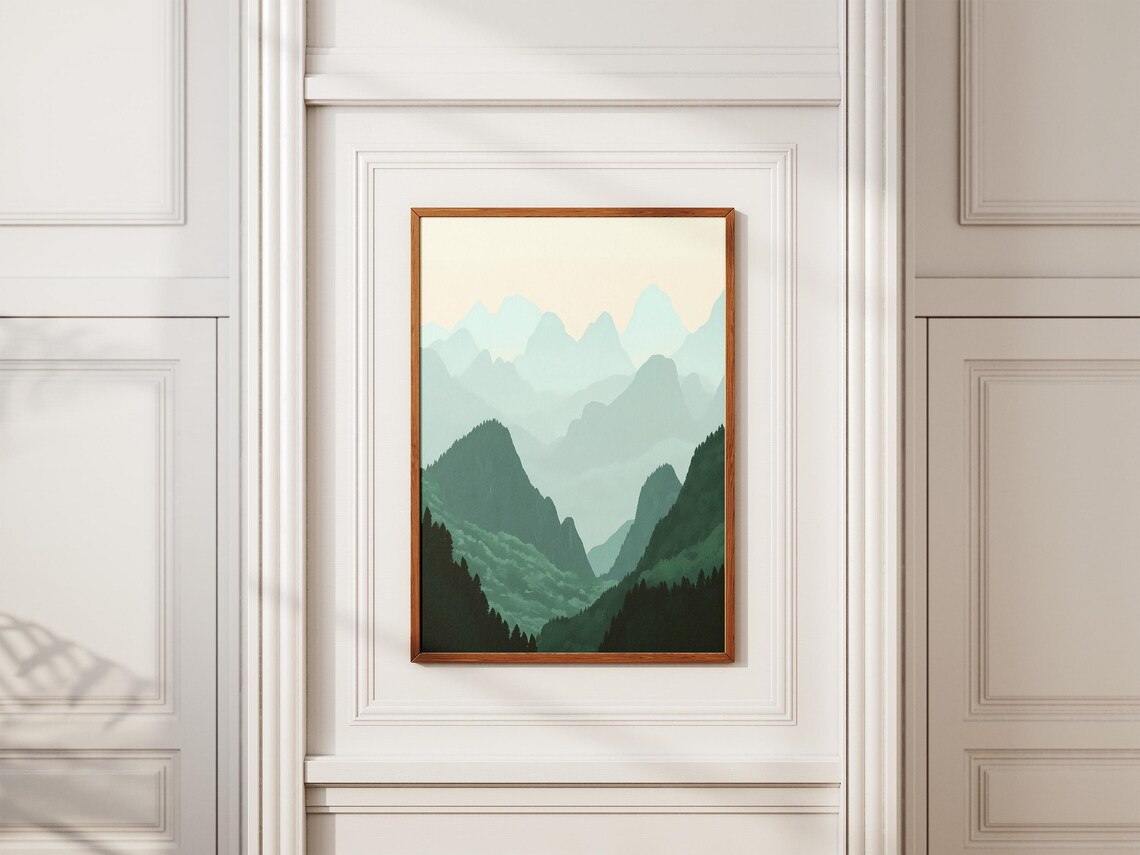 Layered Misty Mountain Peaks Minimalist Sage Green Nature Poster - Image 2