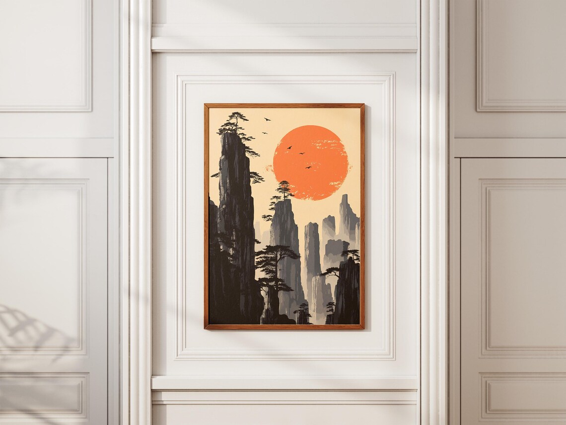 Asian Stone Forest Pillars with Ink Wash Sunset Art Poster Scenic - Image 2