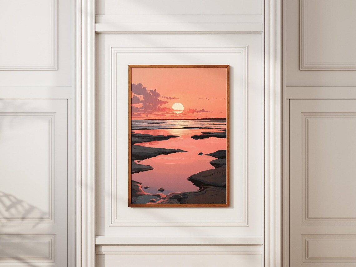 Coral Sunset Sun Sinking Low Over Rocky Ocean Tide Pools Poster - Image 2