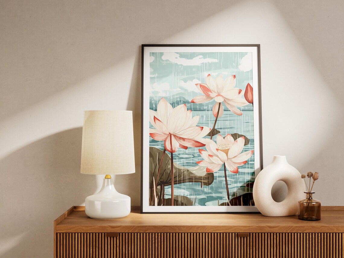 Lotus Flowers Summer Rain Pond Botanical Illustration Zen Poster - Image 4