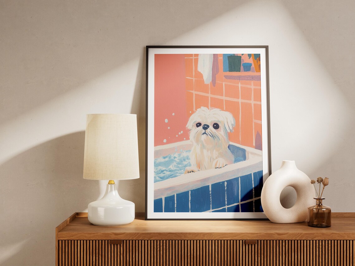 Maltese Dog Bubble Bath Cute Puppy Coral Bathroom Art Poster - Image 4