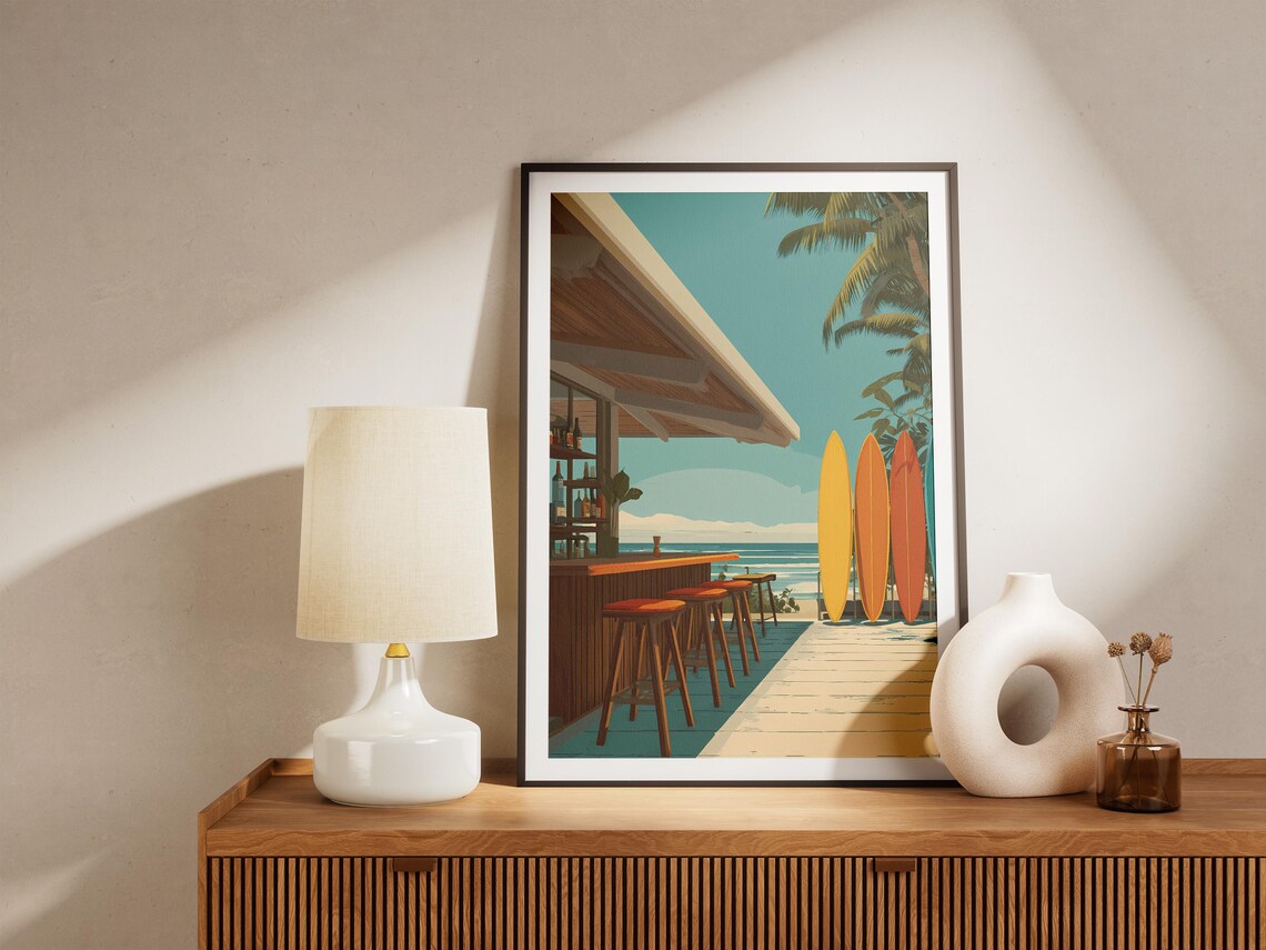 Tropical Beach Tiki Bar With Colorful Surfboards Ocean View Poster - Image 4