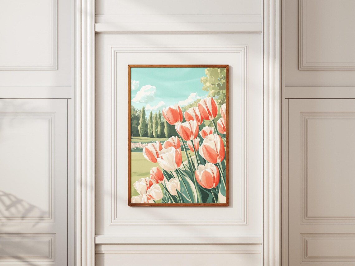 Peach And White Tulip Garden Cypress Trees Blue Sky Spring Poster - Image 2