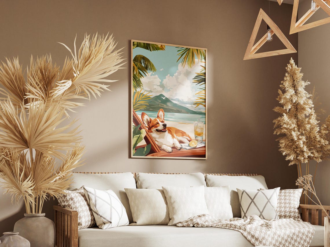 Corgi Lounging on a Beach Chair by a Tropical Volcanic Island Poster - Image 3