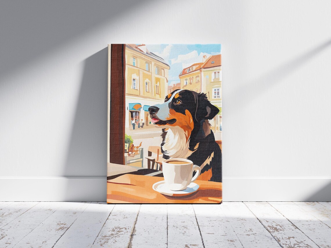 Bernese Mountain Dog Gazing Out a Cafe Window at the City Poster - Image 2