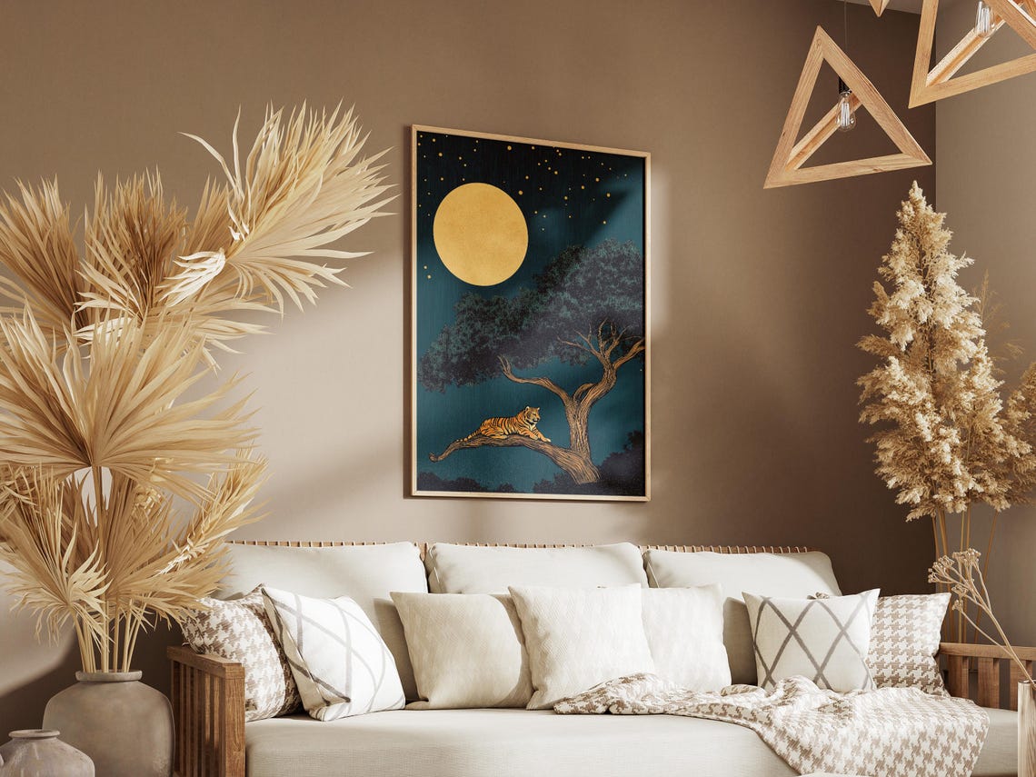 Tiger Resting Under Banyan Tree Golden Moonlit Night Jungle Poster - Image 3