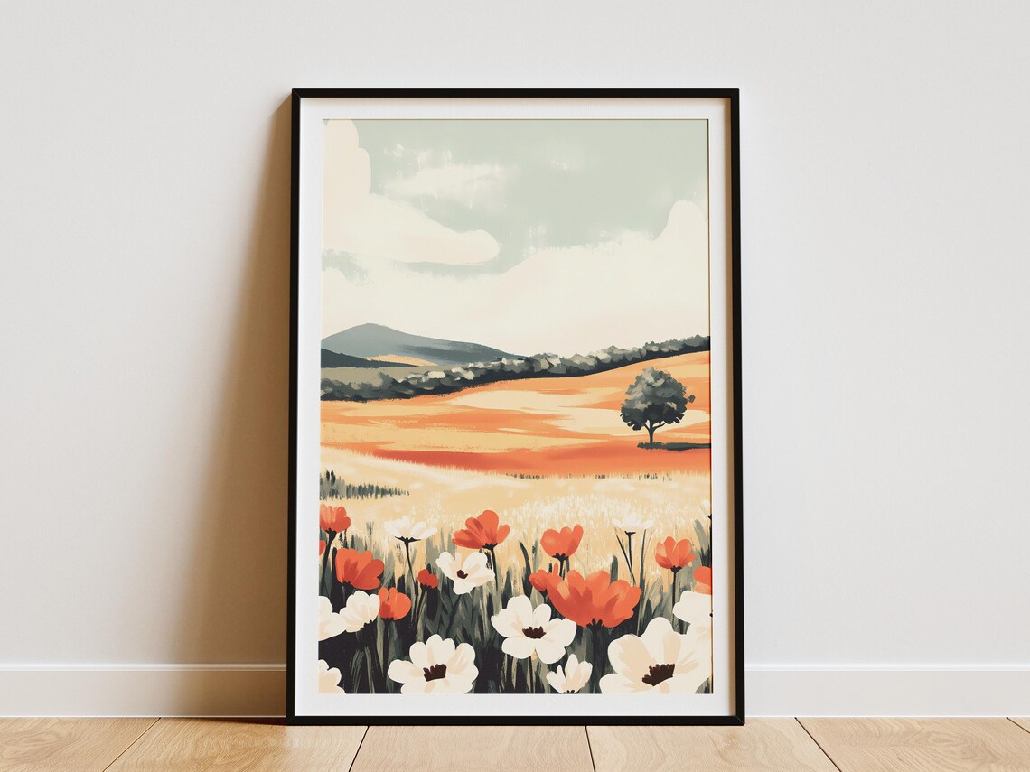 Red and White Poppies in a Golden Rolling Hills Meadow Poster