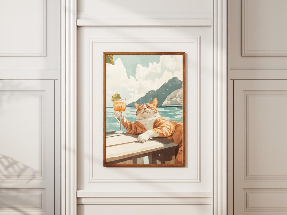 Orange Tabby Cat Raising Lime Cocktail At Seaside Bar Table Poster - Image 2