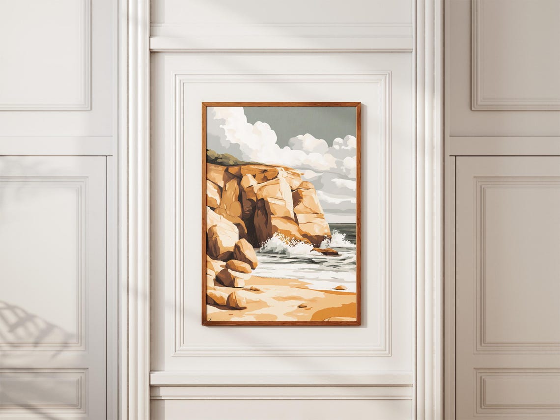 Golden Sandstone Sea Cliff Wave Crash Cloudy Sky Coastal Poster - Image 2
