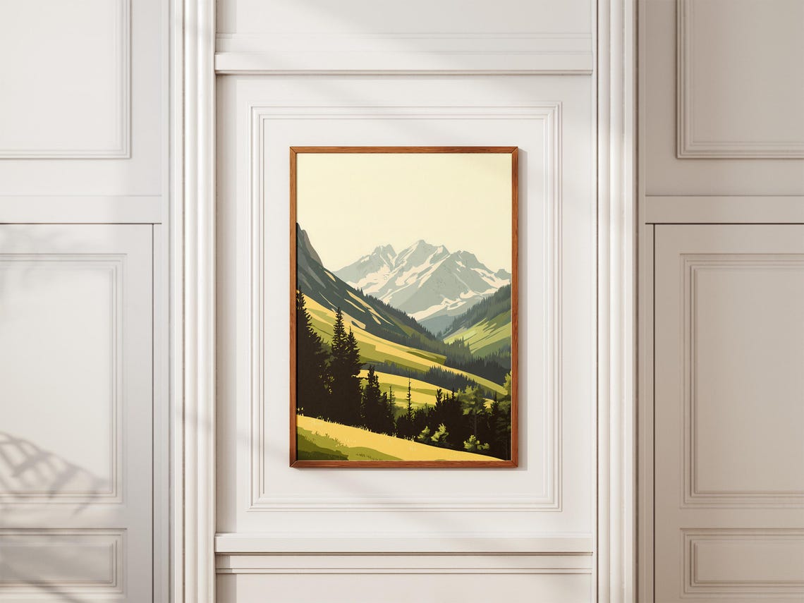 Snowcapped Ridge Green Valley Pine Forest Hazy Mountain Poster - Image 2