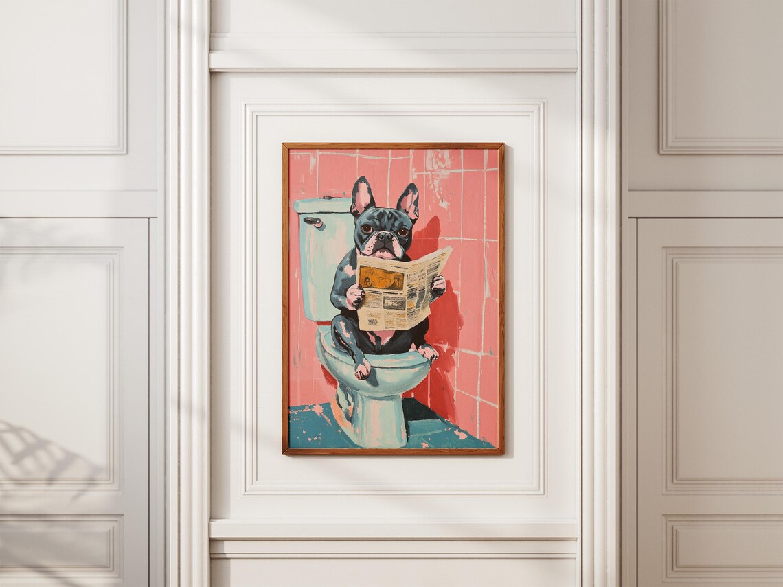 French Bulldog Reading Newspaper Sitting on Toilet Pink Poster - Image 2