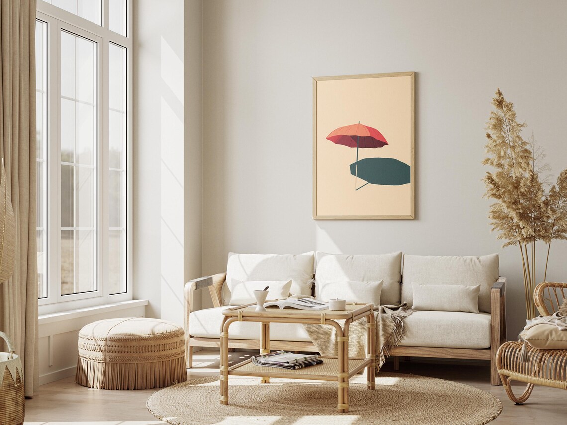 Red Beach Umbrella Shadow Minimalist Summer Coastal Art Poster - Image 3