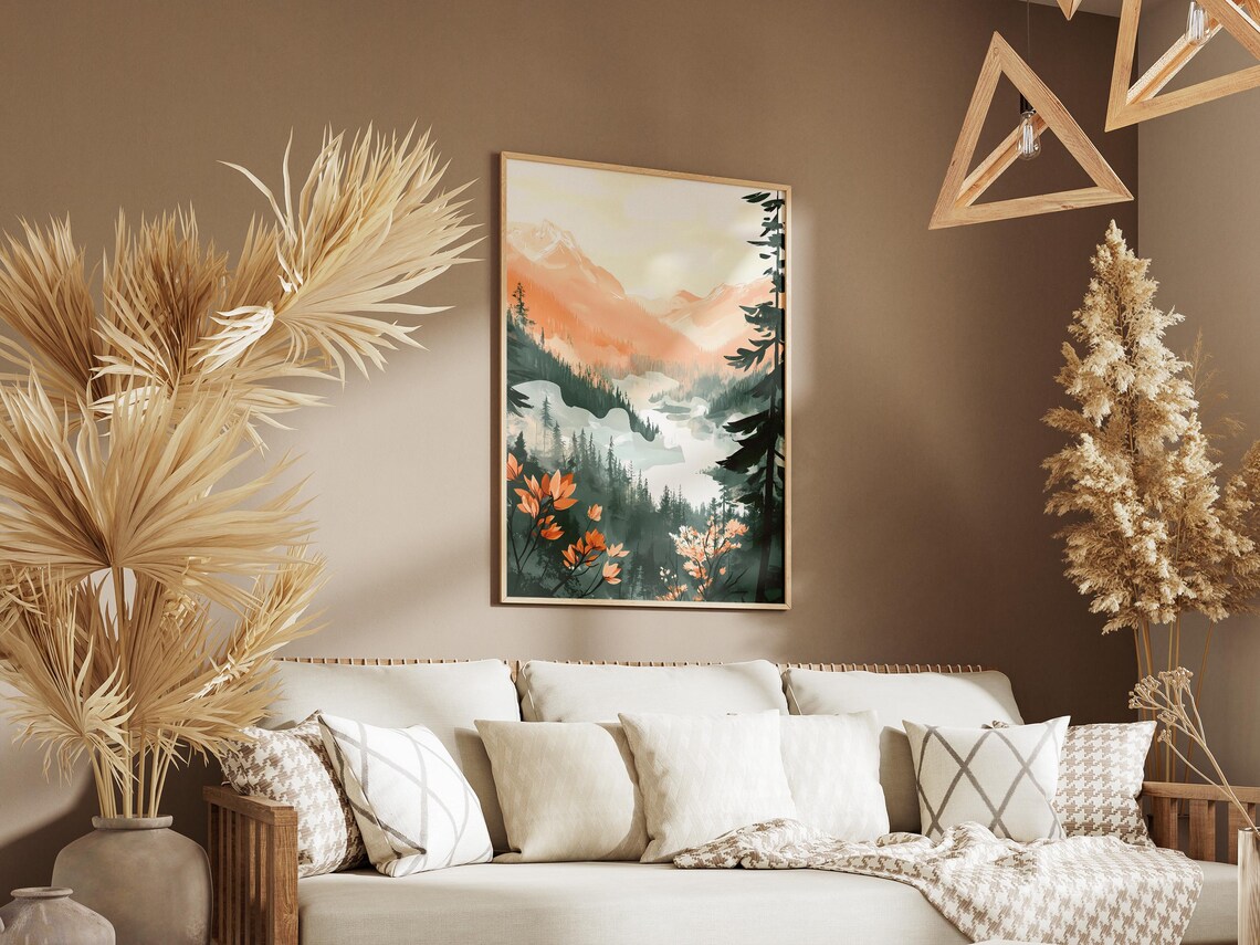 Misty Mountain Valley Fog Sunrise Watercolor Landscape Art Poster - Image 3