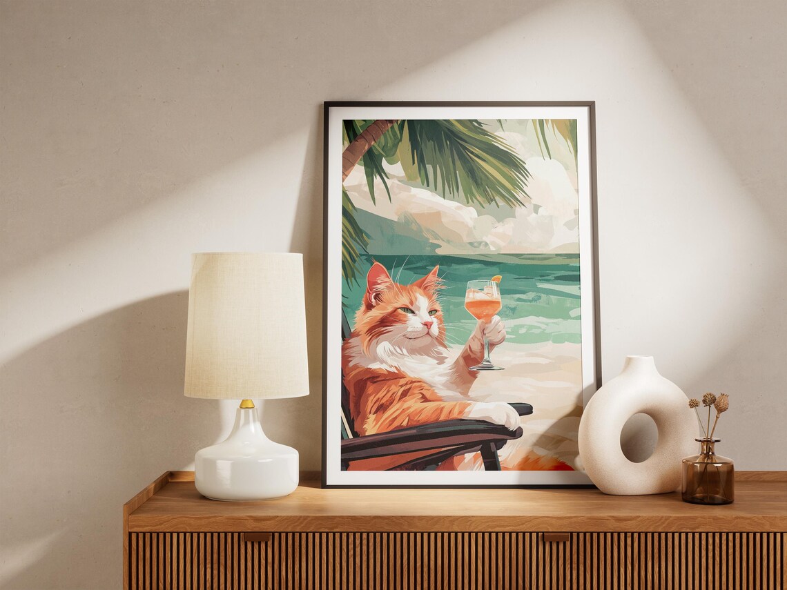 Fluffy Orange Cat Lounging In Beach Chair With Cocktail Poster - Image 5