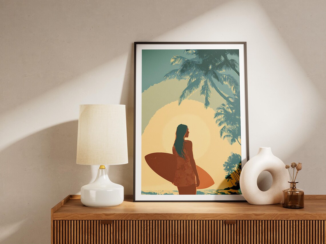 Tropical Surfer Girl Sunset Palm Trees Surfboard Retro Beach Poster - Image 4