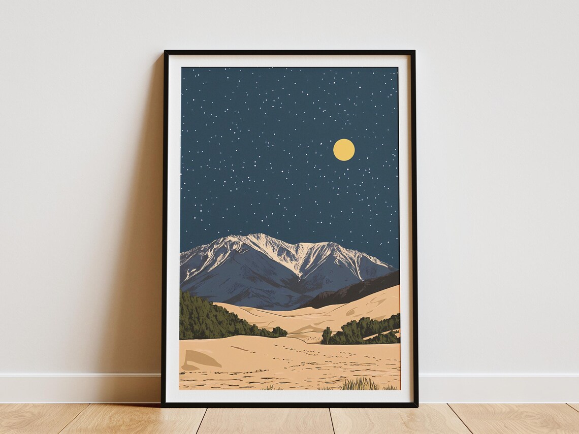 Great Sand Dunes Colorado Moonlit Desert Mountain Starry Night Art Poster