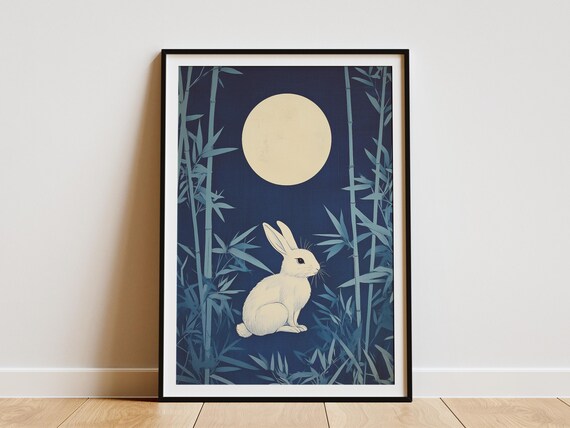 White Rabbit Sitting Under Full Moon in Blue Bamboo Grove Poster