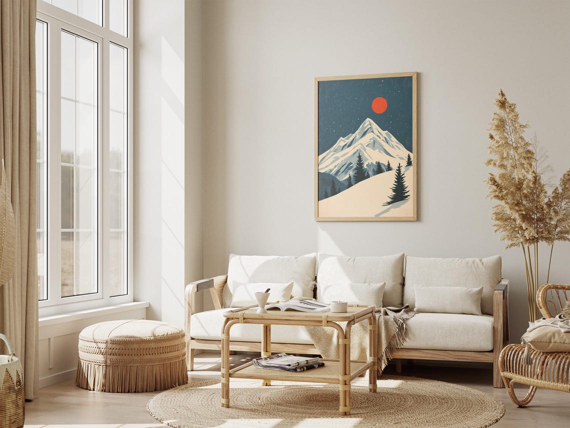 Big Red Sun Over Snowy Mountain Peak Pine Forest Winter Poster - Image 4