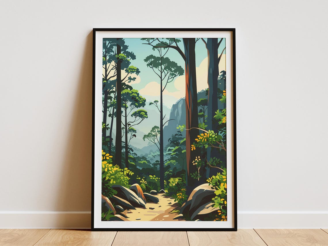 Tasmanian Forest Path Eucalyptus Blue Mountain Minimalist Art Poster