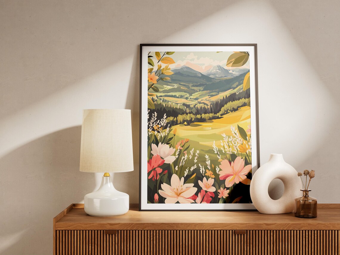 Wildflower Meadow Framed by Lilies Over a Green Valley Poster - Image 5