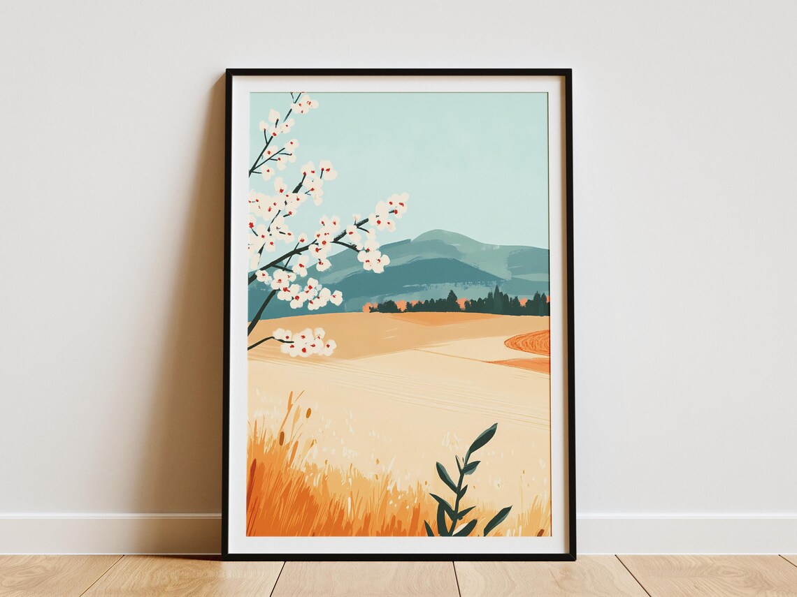 White Blossoms Over Golden Spring Field Minimal Mountain Art Poster