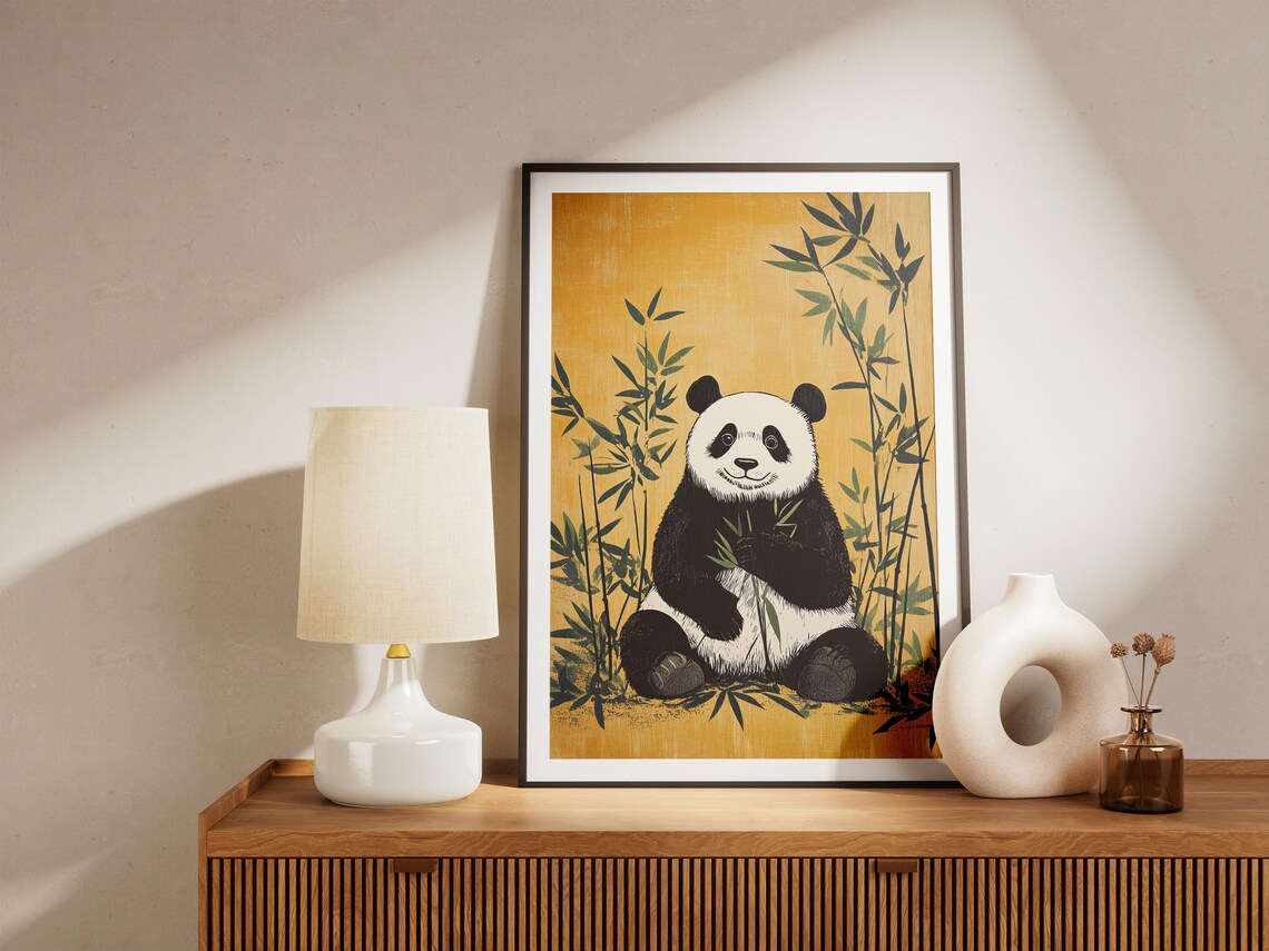 Smiling Panda Eating Bamboo Shoots on Golden Background Art Poster - Image 5