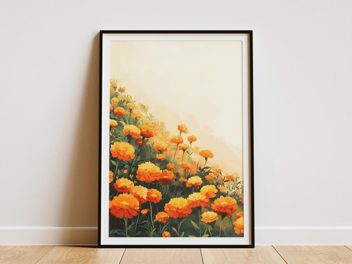 Dense Orange Marigold Meadow Poster Under a Soft Peach Sunset Sky